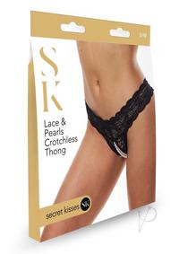 Sk Lace and Pearls Crotchles Thong Blk S/m