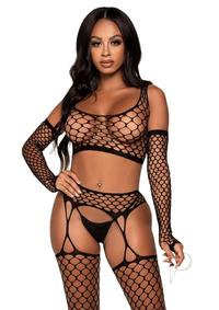 Net Crop Top Stockings Gloves 3pc Os Blk